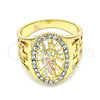 Oro Laminado Mens Ring, Gold Filled Style San Judas Design, with White Crystal, Polished, Tricolor, 01.351.0015.10 (Size 10)