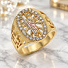 Oro Laminado Mens Ring, Gold Filled Style San Judas Design, with White Crystal, Polished, Tricolor, 01.351.0015.10 (Size 10)
