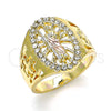 Oro Laminado Mens Ring, Gold Filled Style San Judas Design, with White Crystal, Polished, Tricolor, 01.351.0015.10 (Size 10)