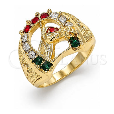 Oro Laminado Mens Ring, Gold Filled Style Horse Design, with Multicolor Crystal, Polished, Golden Finish, 01.351.0016.10 (Size 10)