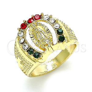 Gold Filled Ring — Mens Ring Guadalupe Design with Multicolor Crystal Polished — main product view — SKU 133449 | Oro Laminado anillo — Mens Ring Guadalupe diseño with Multicolor cristal pulido — SKU 133449