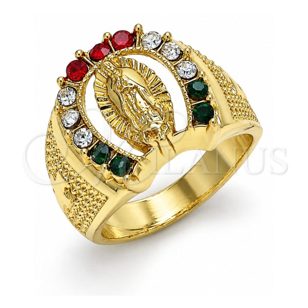 Oro Laminado Mens Ring, Gold Filled Style Guadalupe Design, with Multicolor Crystal, Polished, Golden Finish, 01.351.0017.11 (Size 11)