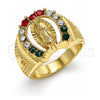 Oro Laminado Mens Ring, Gold Filled Style Guadalupe Design, with Multicolor Crystal, Polished, Golden Finish, 01.351.0017.11 (Size 11)