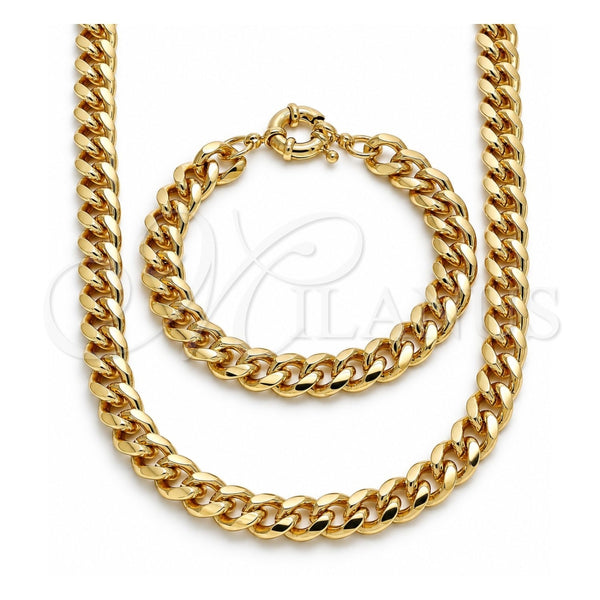 Oro Laminado Necklace and Bracelet, Gold Filled Style Miami Cuban Design, Polished, Golden Finish, 06.319.0007