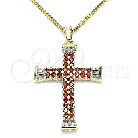Oro Laminado Pendant Necklace, Gold Filled Style Cross and Baguette Design, with Garnet and White Cubic Zirconia, Polished, Golden Finish, 04.284.0023.1.20 (01 MM Thickness, 20 Inches Length)