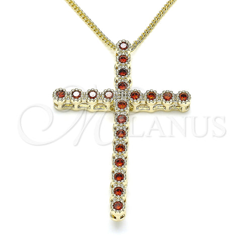 Oro Laminado Pendant Necklace, Gold Filled Style Cross Design, with Garnet Cubic Zirconia, Polished, Golden Finish, 04.284.0025.1.20 (01 MM Thickness, 20 Inches Length)