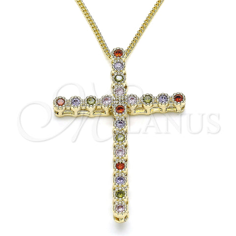 Oro Laminado Pendant Necklace, Gold Filled Style Cross Design, with Multicolor Cubic Zirconia, Polished, Golden Finish, 04.284.0025.3.20 (01 MM Thickness, 20 Inches Length)