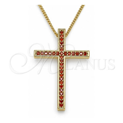Oro Laminado Pendant Necklace, Gold Filled Style Cross Design, with Garnet Cubic Zirconia, Polished, Golden Finish, 04.284.0026.1.20 (01 MM Thickness, 20 Inches Length)