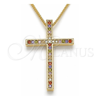 Oro Laminado Pendant Necklace, Gold Filled Style Cross Design, with Multicolor Cubic Zirconia, Polished, Golden Finish, 04.284.0026.3.20 (01 MM Thickness, 20 Inches Length)