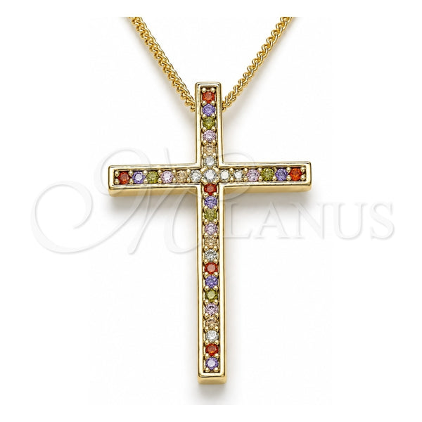 Oro Laminado Pendant Necklace, Gold Filled Style Cross Design, with Multicolor Cubic Zirconia, Polished, Golden Finish, 04.284.0026.3.20 (01 MM Thickness, 20 Inches Length)