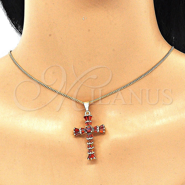 Oro Laminado Pendant Necklace, Gold Filled Style Cross and Baguette Design, with Garnet Cubic Zirconia, Polished, Golden Finish, 04.284.0027.1.20 (01 MM Thickness, 20 Inches Length)