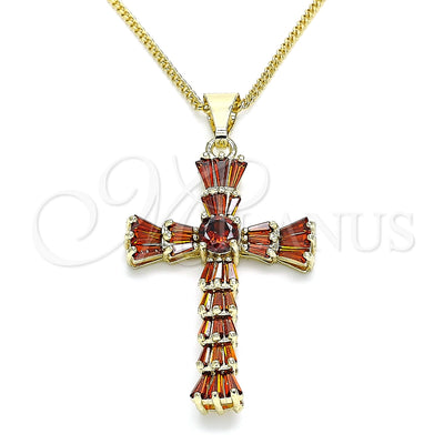 Oro Laminado Pendant Necklace, Gold Filled Style Cross and Baguette Design, with Garnet Cubic Zirconia for wholesale, main product view