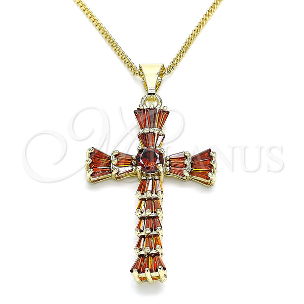 Oro Laminado Pendant Necklace, Gold Filled Style Cross and Baguette Design, with Garnet Cubic Zirconia, Polished, Golden Finish, 04.284.0027.1.20 (01 MM Thickness, 20 Inches Length)