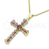 Oro Laminado Pendant Necklace, Gold Filled Style Cross and Baguette Design, with Multicolor Cubic Zirconia, Polished, Golden Finish, 04.284.0027.3.18 (01 MM Thickness, 18 Inches Length)