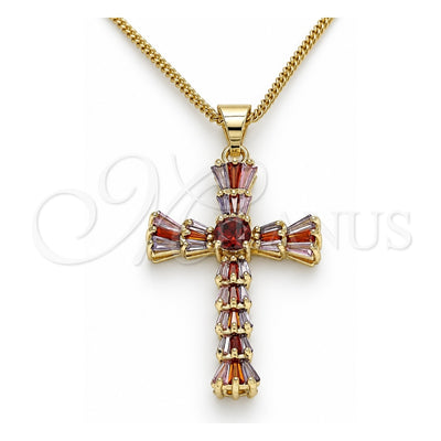 Oro Laminado Pendant Necklace, Gold Filled Style Cross and Baguette Design, with Multicolor Cubic Zirconia, Polished, Golden Finish, 04.284.0027.3.18 (01 MM Thickness, 18 Inches Length)