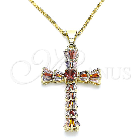 Oro Laminado Pendant Necklace, Gold Filled Style Cross and Baguette Design, with Multicolor Cubic Zirconia, Polished, Golden Finish, 04.284.0027.3.18 (01 MM Thickness, 18 Inches Length)