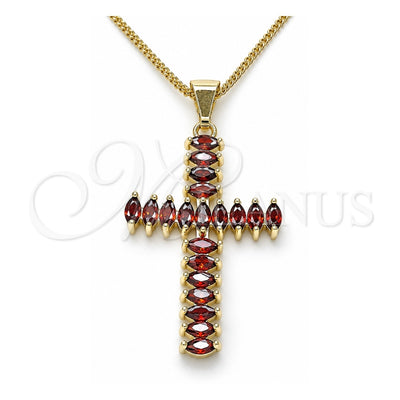 Oro Laminado Pendant Necklace, Gold Filled Style Cross Design, with Garnet Cubic Zirconia, Polished, Golden Finish, 04.284.0028.1.20 (01 MM Thickness, 20 Inches Length)