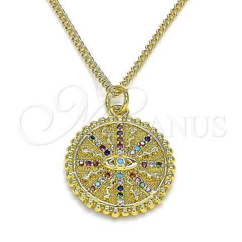 Oro Laminado Pendant Necklace, Gold Filled Style Evil Eye Design, with Multicolor Micro Pave, Polished, Golden Finish, 04.341.0064.20 (02 MM Thickness, 20 Inches Length)