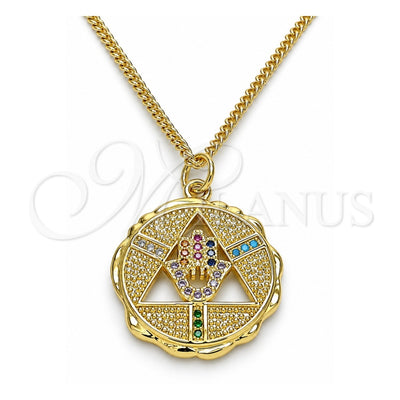 Oro Laminado Pendant Necklace, Gold Filled Style Judaica and Hand of God Design, with Multicolor Micro Pave, Polished, Golden Finish, 04.341.0065.20 (02 MM Thickness, 20 Inches Length)