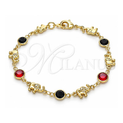 Oro Laminado Fancy Bracelet, Gold Filled Style Elephant Design, with Garnet and Black Crystal, Polished, Golden Finish, 03.213.0093.08 (07 MM Thickness, 8 Inches Length)