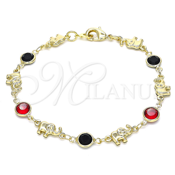 Oro Laminado Fancy Bracelet, Gold Filled Style Elephant Design, with Garnet and Black Crystal, Polished, Golden Finish, 03.213.0093.08 (07 MM Thickness, 8 Inches Length)