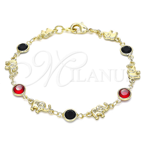 Oro Laminado Fancy Bracelet, Gold Filled Style Elephant Design, with Garnet and Black Crystal, Polished, Golden Finish, 03.213.0093.08 (07 MM Thickness, 8 Inches Length)