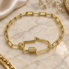 Oro Laminado Fancy Bracelet, Gold Filled Style Judaica and Hand of God Design, with White Micro Pave, Polished, Golden Finish, 03.341.0076.07 (04 MM Thickness, 7 Inches Length)