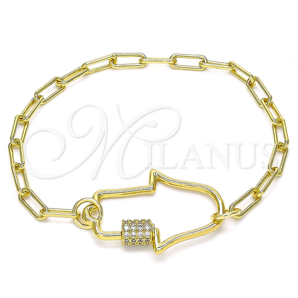 Oro Laminado Fancy Bracelet, Gold Filled Style Judaica and Hand of God Design, with White Micro Pave, Polished, Golden Finish, 03.341.0076.07 (04 MM Thickness, 7 Inches Length)