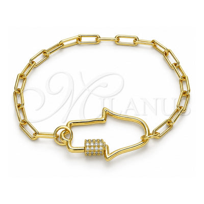 Oro Laminado Fancy Bracelet, Gold Filled Style Judaica and Hand of God Design, with White Micro Pave, Polished, Golden Finish, 03.341.0076.07 (04 MM Thickness, 7 Inches Length)