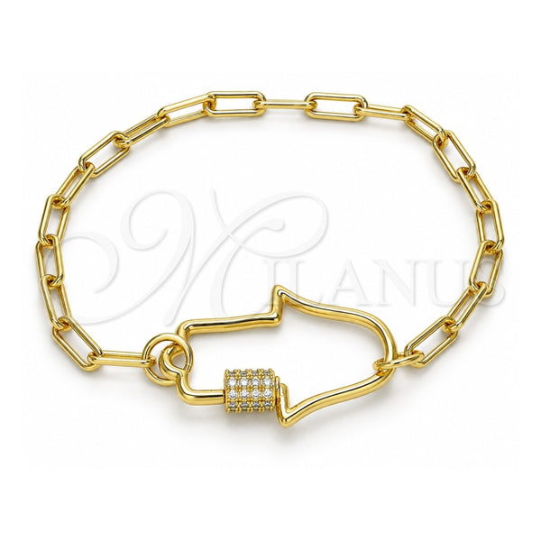 Oro Laminado Fancy Bracelet, Gold Filled Style Judaica and Hand of God Design, with White Micro Pave, Polished, Golden Finish, 03.341.0076.07 (04 MM Thickness, 7 Inches Length)