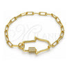 Oro Laminado Fancy Bracelet, Gold Filled Style Judaica and Hand of God Design, with White Micro Pave, Polished, Golden Finish, 03.341.0076.07 (04 MM Thickness, 7 Inches Length)
