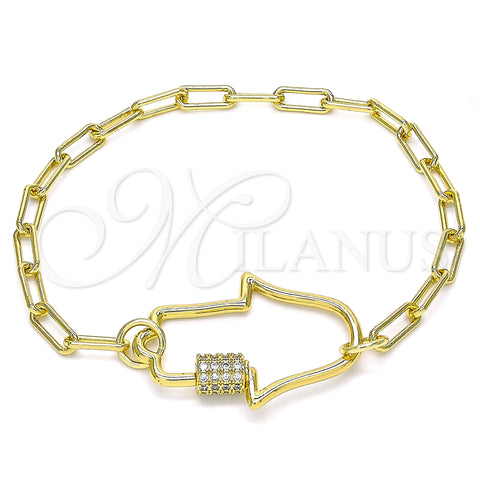Oro Laminado Fancy Bracelet, Gold Filled Style Hand of God Design, with White Micro Pave, Polished, Golden Finish, 03.341.0076.07 (04 MM Thickness, 7 Inches Length)