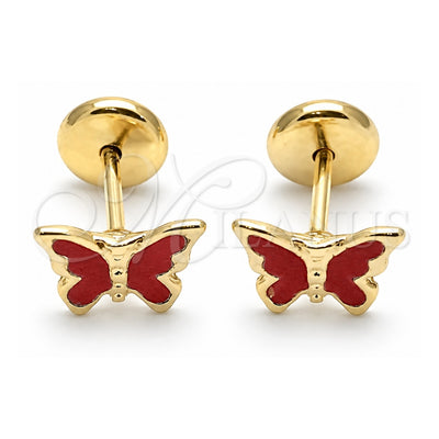 Oro Laminado Stud Earring, Gold Filled Style Butterfly Design, Red Enamel Finish, Golden Finish, 02.09.0198