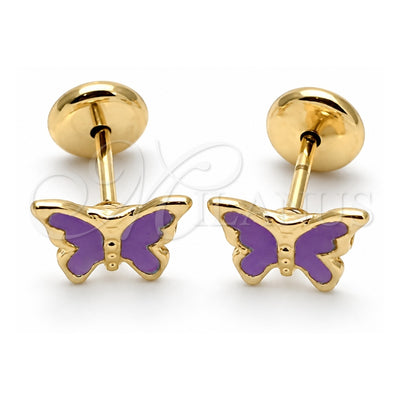 Oro Laminado Stud Earring, Gold Filled Style Butterfly Design, Purple Enamel Finish, Golden Finish, 02.09.0198.1