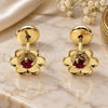 Oro Laminado Stud Earring, Gold Filled Style Flower Design, with Garnet Cubic Zirconia, Polished, Golden Finish, 02.09.0199