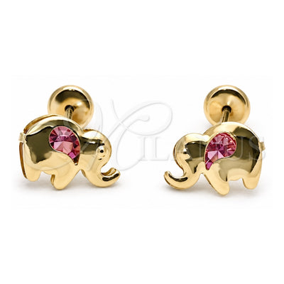 Oro Laminado Stud Earring, Gold Filled Style Elephant Design, with Pink Cubic Zirconia, Polished, Golden Finish, 02.09.0200.1