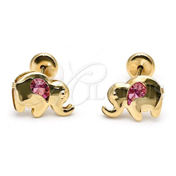Oro Laminado Stud Earring, Gold Filled Style Elephant Design, with Pink Cubic Zirconia, Polished, Golden Finish, 02.09.0200.1