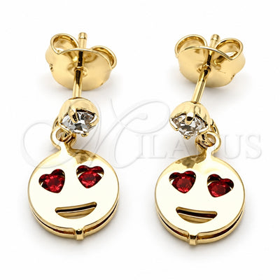 Oro Laminado Stud Earring, Gold Filled Style Heart Design, with Garnet Cubic Zirconia, Polished, Golden Finish, 02.09.0203