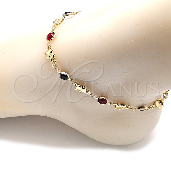 Gold Filled Anklet — Fancy Anklet Elephant Design with Garnet and Black — alternate product view — SKU 133634 | Oro Laminado tobillera — elegante Anklet Elephant diseño with Garnet and negro — SKU 133634