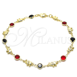 Gold Filled Anklet — Fancy Anklet Elephant Design with Garnet and Black — main product view — SKU 133634 | Oro Laminado tobillera — elegante Anklet Elephant diseño with Garnet and negro — SKU 133634