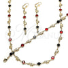 Oro Laminado Necklace, Bracelet and Earring, Gold Filled Style Elephant Design, with Garnet and Black Crystal, Polished, Golden Finish, 06.213.0006
