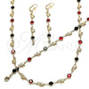 Oro Laminado Necklace, Bracelet and Earring, Gold Filled Style Elephant Design, with Garnet and Black Crystal, Polished, Golden Finish, 06.213.0006