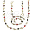Oro Laminado Necklace, Bracelet and Earring, Gold Filled Style Elephant Design, with Garnet and Black Crystal, Polished, Golden Finish, 06.213.0006