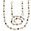 Oro Laminado Necklace, Bracelet and Earring, Gold Filled Style Elephant Design, with Garnet and Black Crystal, Polished, Golden Finish, 06.213.0006