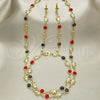 Oro Laminado Necklace, Bracelet and Earring, Gold Filled Style Elephant Design, with Garnet and Black Crystal, Polished, Golden Finish, 06.213.0006