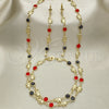 Oro Laminado Necklace, Bracelet and Earring, Gold Filled Style Elephant Design, with Garnet and Black Crystal, Polished, Golden Finish, 06.213.0006