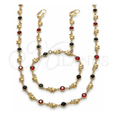Oro Laminado Necklace, Bracelet and Earring, Gold Filled Style Elephant Design, with Garnet and Black Crystal, Polished, Golden Finish, 06.213.0006