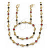 Oro Laminado Necklace, Bracelet and Earring, Gold Filled Style Elephant Design, with Garnet and Black Crystal, Polished, Golden Finish, 06.213.0006