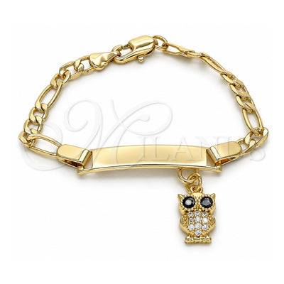 Oro Laminado ID Bracelet, Gold Filled Style Nameplate and Owl Design, with White and Black Micro Pave, Polished, Golden Finish, 03.63.2173.06 (05 MM Thickness, 6 Inches Length)