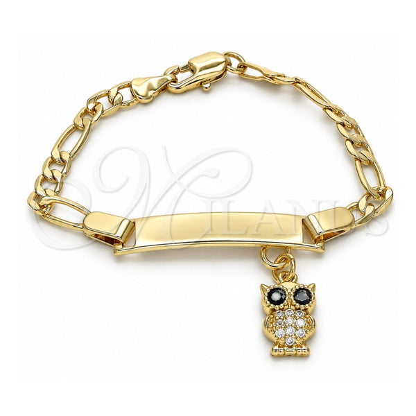 Oro Laminado ID Bracelet, Gold Filled Style Nameplate and Owl Design, with White and Black Micro Pave, Polished, Golden Finish, 03.63.2173.06 (05 MM Thickness, 6 Inches Length)